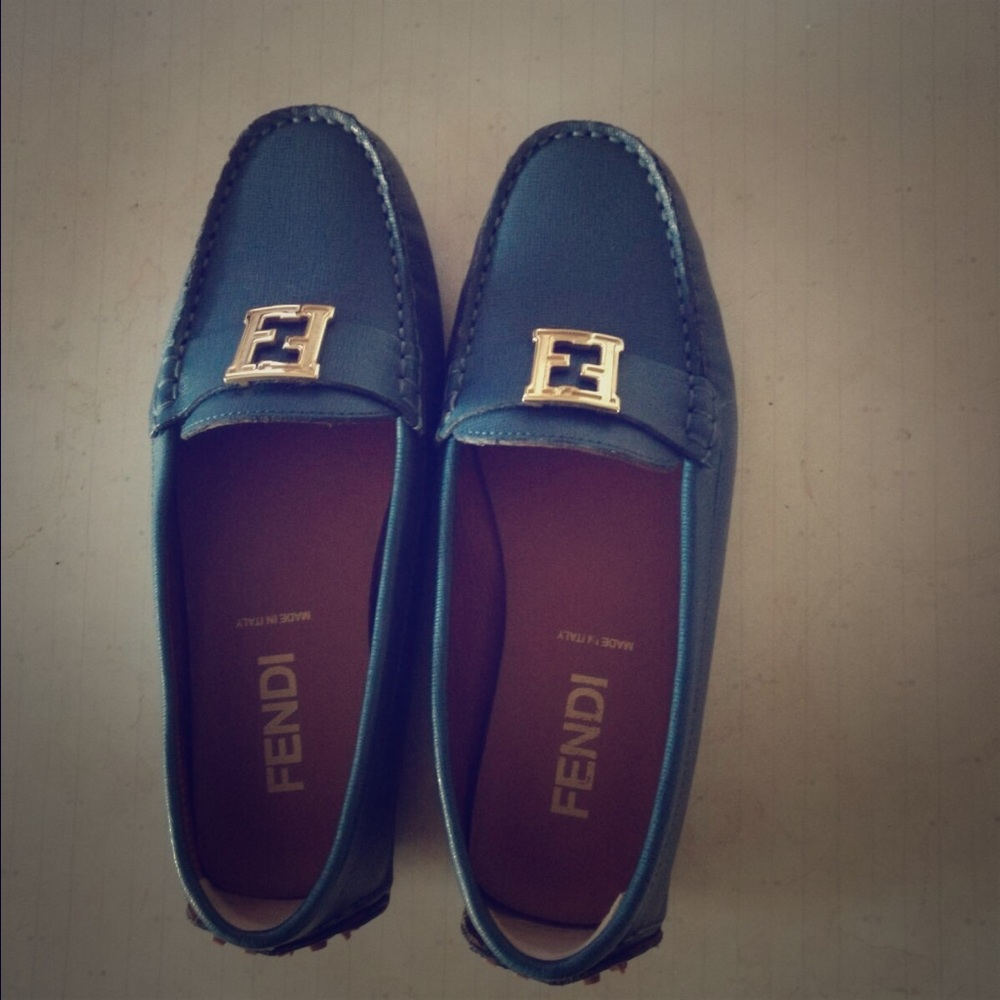 Fendi Blue Loafers with Gold Logo